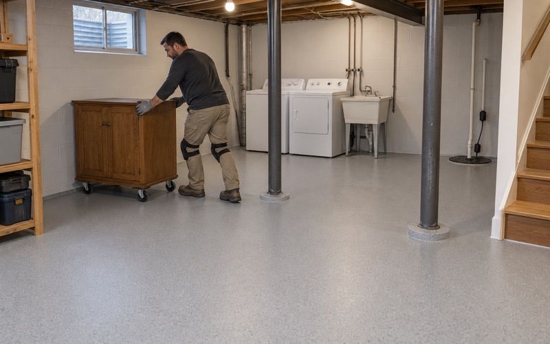 A finished quartz-broadcast epoxy basement floor in a Downers Grove split-level running around the lally columns to the sump rim.