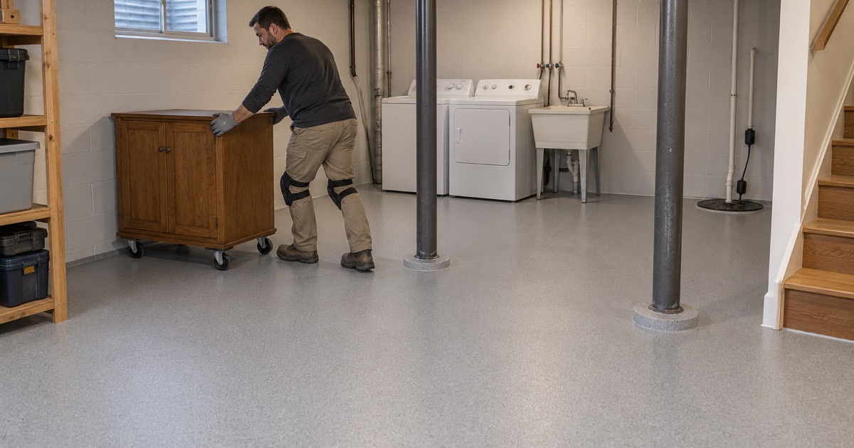 A finished quartz-broadcast epoxy basement floor in a Downers Grove split-level running around the lally columns to the sump rim.