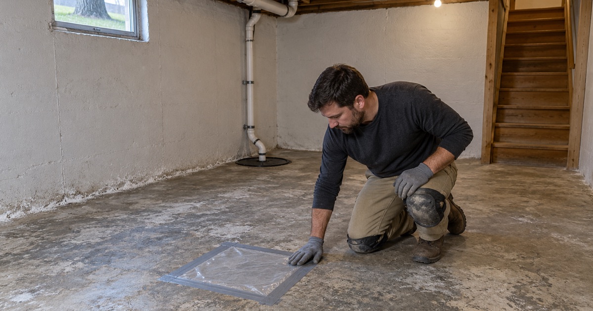 A taped plastic-sheet moisture test on a bare mid-century basement slab in Downers Grove beside a covered sump basin.