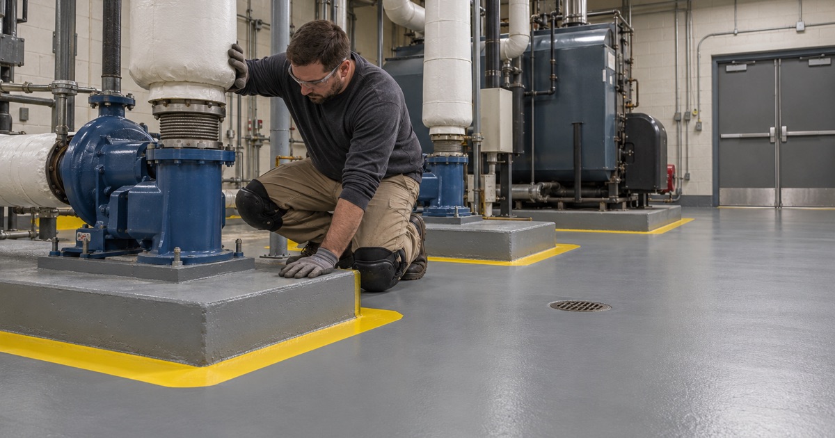 A coated mechanical room floor in a Downers Grove office campus building, the coating carried around each pump pad.