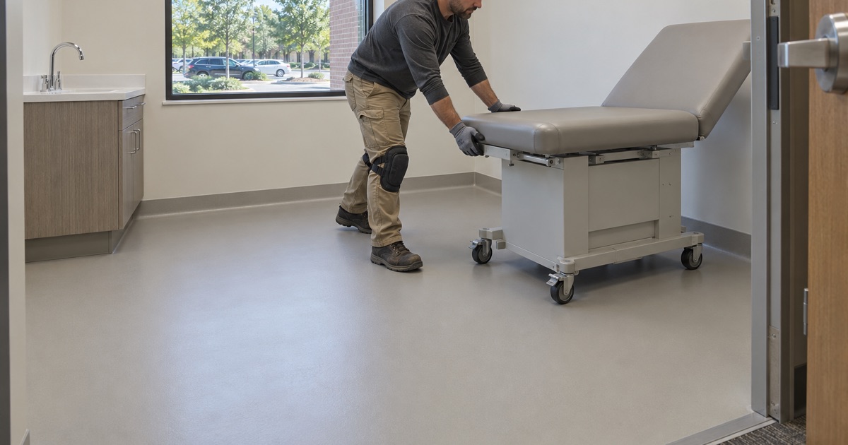 A seamless coved resin floor in an exam room of a Downers Grove medical office, an exam table rolled into place.