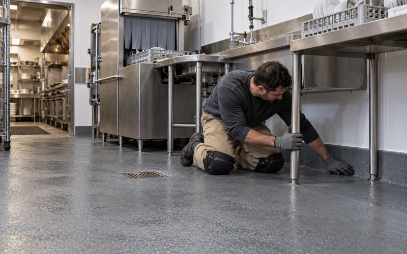 A textured urethane cement floor with a 3/8-inch cove at the wall under the dish station of a Downers Grove restaurant kitchen.