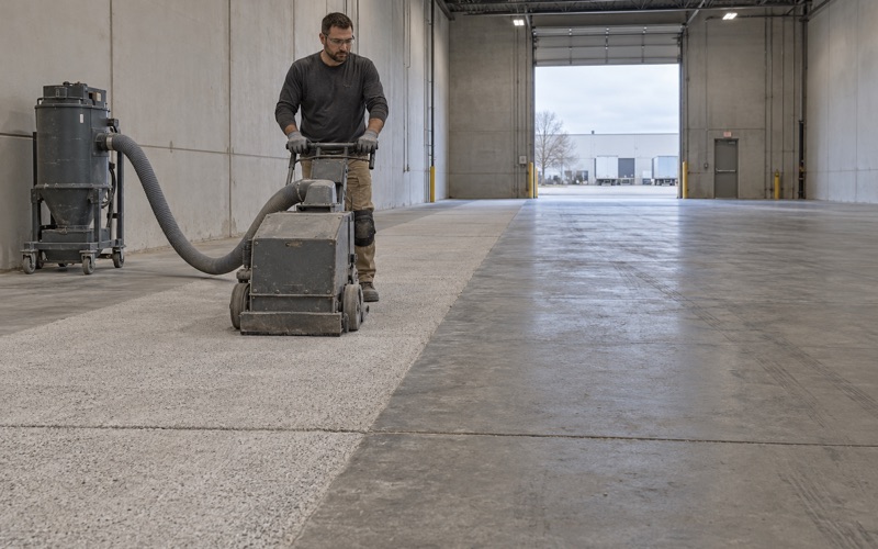 A shot blaster profiling a long warehouse slab in a Downers Grove tilt-up building, a dust hose running to the collector.