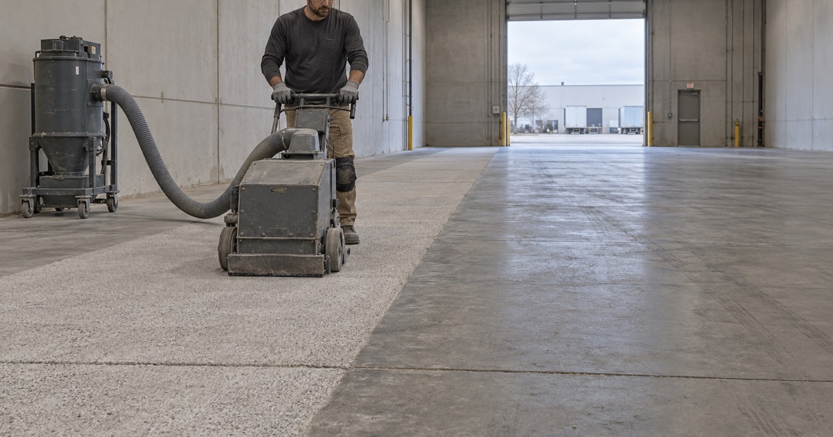 A shot blaster profiling a long warehouse slab in a Downers Grove tilt-up building, a dust hose running to the collector.