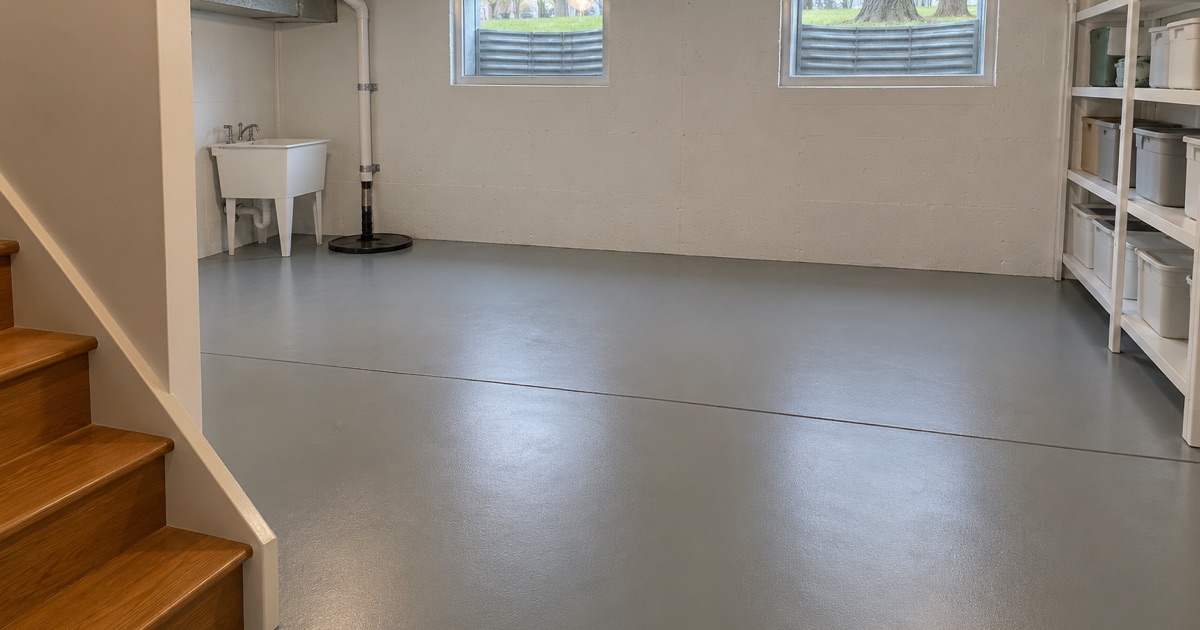 An empty, finished solid gray basement floor in a Downers Grove ranch, running clean from the stair to the laundry corner and the sump rim.