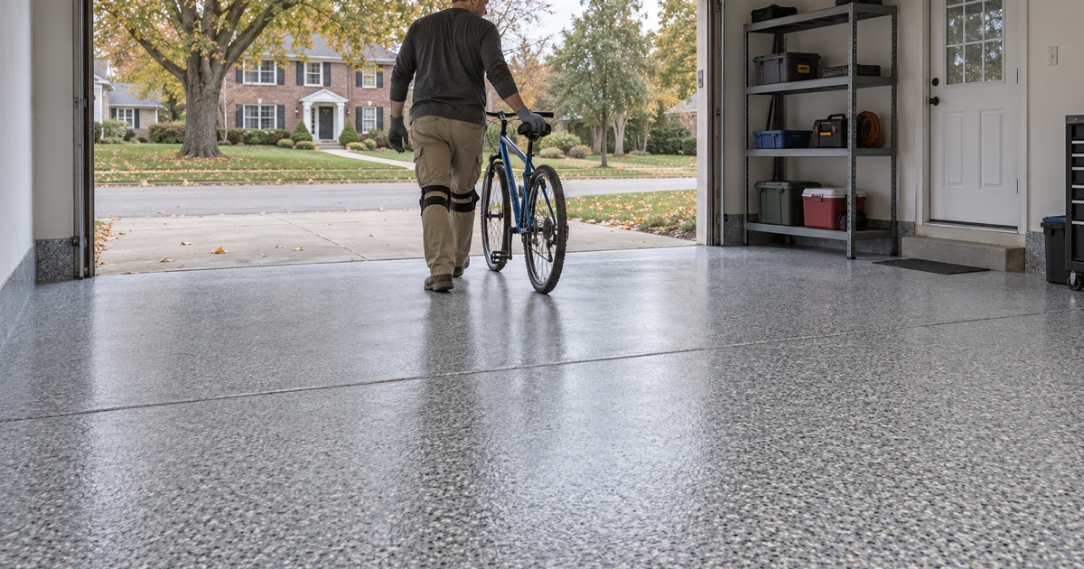 A finished gray and white flake floor in the attached two-car garage of a mid-century Downers Grove brick ranch, a bicycle wheeled back inside.