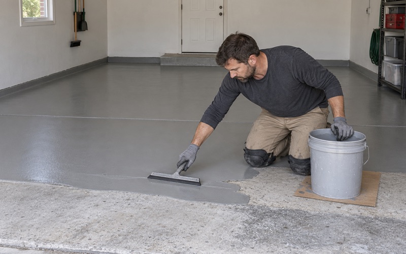 Epoxy pulled out with a hand squeegee in a Downers Grove attached garage, the coating stopping at the six-inch step up to the house door.