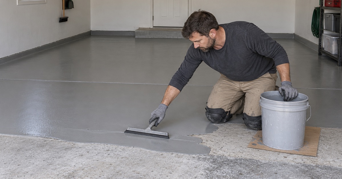 Epoxy pulled out with a hand squeegee in a Downers Grove attached garage, the coating stopping at the six-inch step up to the house door.