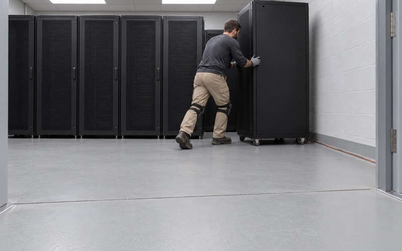 A static-dissipative floor in a Downers Grove office campus data room, a server rack rolled onto its spot.