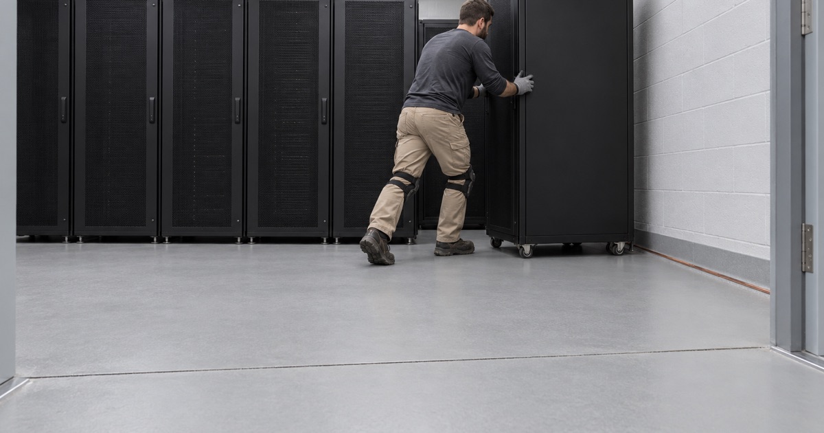 A static-dissipative floor in a Downers Grove office campus data room, a server rack rolled onto its spot.
