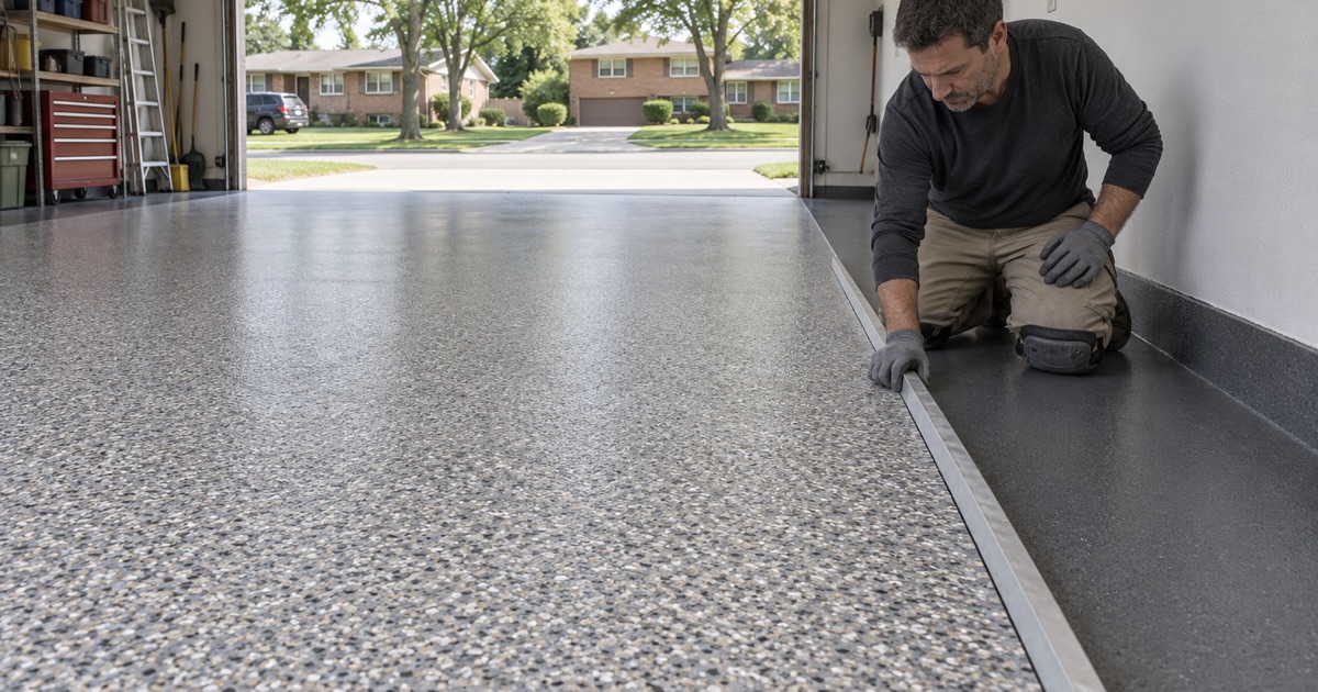 A solid charcoal border band framing a gray and tan flake field along a saw-cut line in a Downers Grove garage.