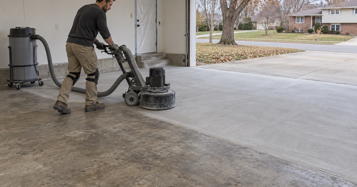 A garage slab being diamond ground in Downers Grove with the dust drawn into a vacuum extractor and the house door sealed with plastic.