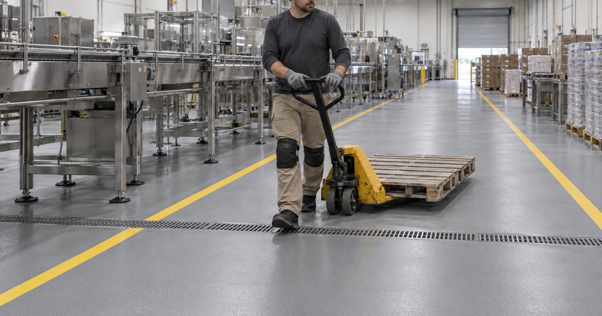 A heavy urethane-modified epoxy floor with painted walkway lines in a Downers Grove food production plant.