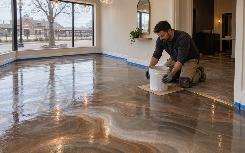 Bronze and pearl metallic epoxy being worked across a salon floor on Main Street in downtown Downers Grove.