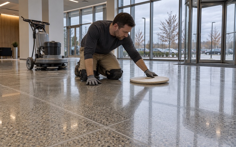 A polished concrete floor showing fine aggregate in the ground-floor lobby of a Downers Grove office building.