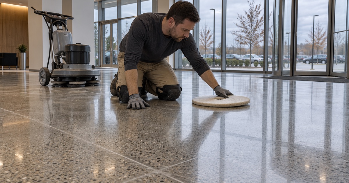 A polished concrete floor showing fine aggregate in the ground-floor lobby of a Downers Grove office building.